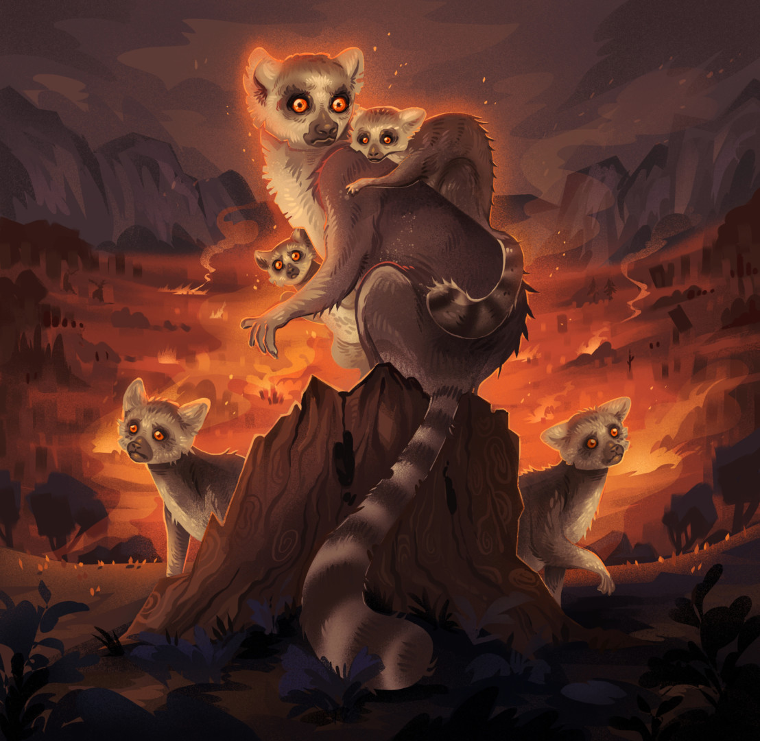 Digital painting featuring ring-tailed lemurs in an apocalyptic Madagascar landscape