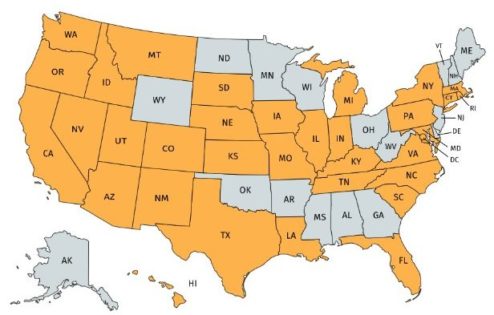Map of United Stated with participating states highlighted orange