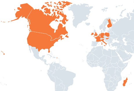 Global map with participating countried highlighted orange