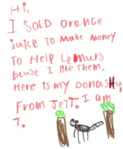 Donation Letter from child named Jett who sold orange juice to fundraise for lemurs