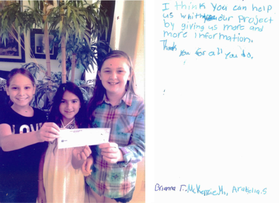 Brianna, McKenzie, and Arabella donation letter and picture